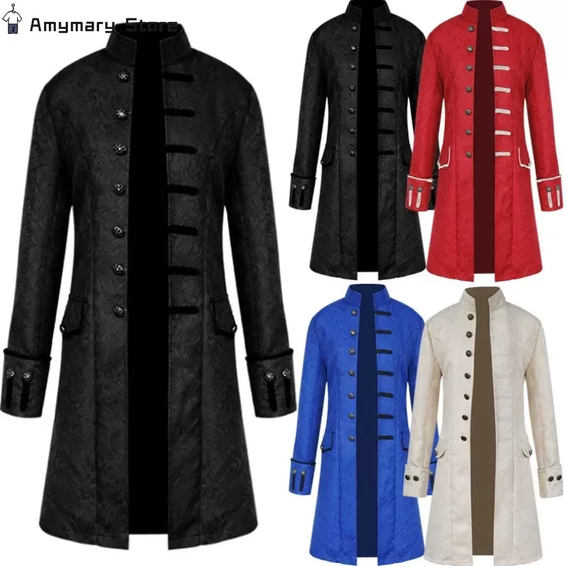 

Medieval Retro Steampunk Collar Long Coat Men's Solid Color Long-sleeved Button Jacquard Trench Coat Stage Performance Clothes