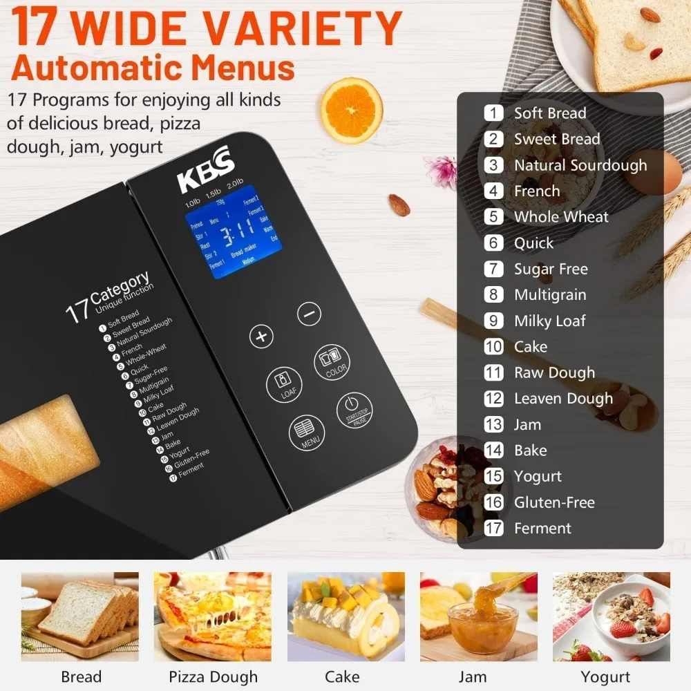 17-in-1 Bread Maker-Dual Heaters, 710W Machine Stainless Steel with Gluten-Free, Dough Maker,Jam,Yogurt PROG