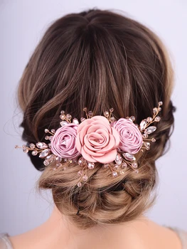 Women Silk Flower Headband Silver Pink Wedding Hair Accessories Rhinestone Crystal Handmade Bridal Hair Vine Blue Red Headpiece