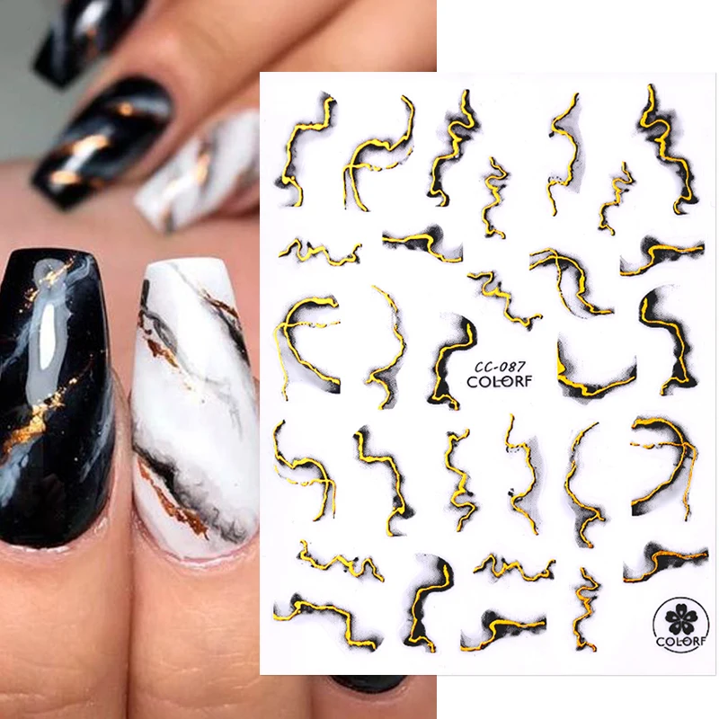 Adesivi Per Fumo In Fiore In Oro Nero Premere Sulle Unghie Design In Marmo Decalcomanie Per Manicure Da Colorare Golden Wave Drawing Nail Water Slider