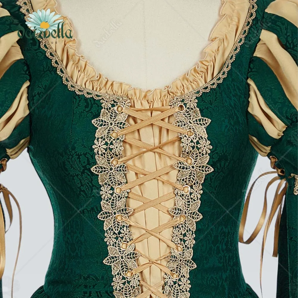 DAIZBELLA Women Medieval Renaissance Costume Pseudo-two-piece Vintage Renaissance Fair Dress with Wide Sleeves Lace 6