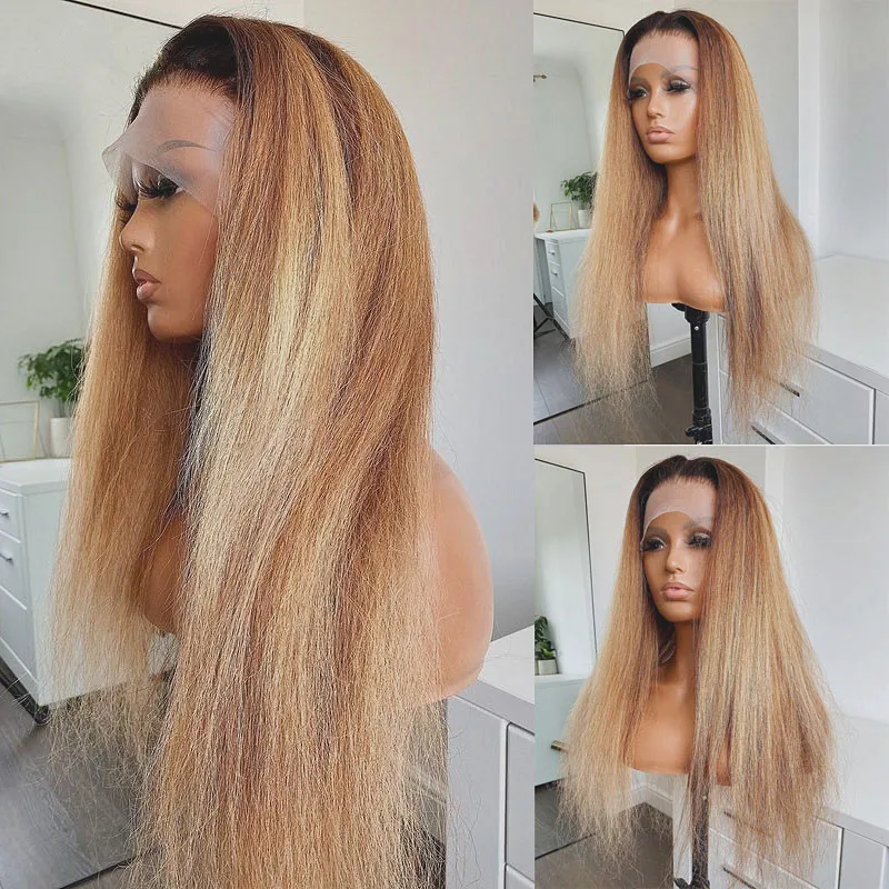 

Yaki Ombre Honey Blonde 30Inch Long Kinky Straight Lace Front Wig For Black Women Baby Hair Synthetic Preplucked Glueless Daily