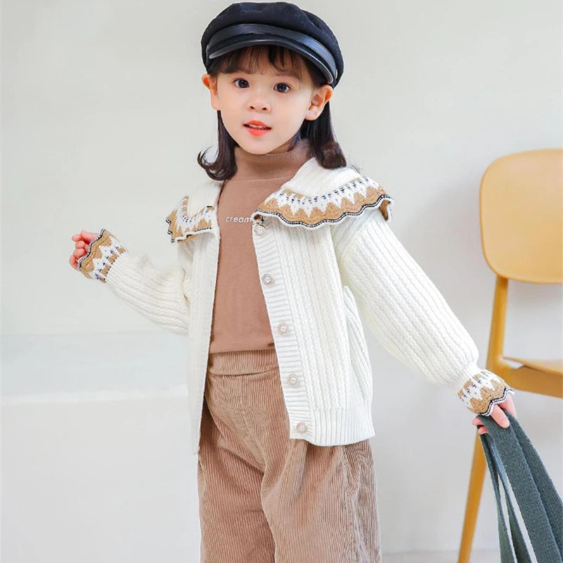 

Autumn Toddler Girls Plush Sweater Fashion Jumper Knitwear Winter Baby Girl Lotus Leaf Collar Cardigans Kids Cotton Clothes Coat