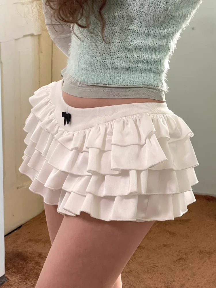 Y2k Kawaii Cute Cake Ruffles White Mini Skirt Women Bow Slim Skirt Elastic Waist Summer A-line Skirt Going Out Party Streetwear 2