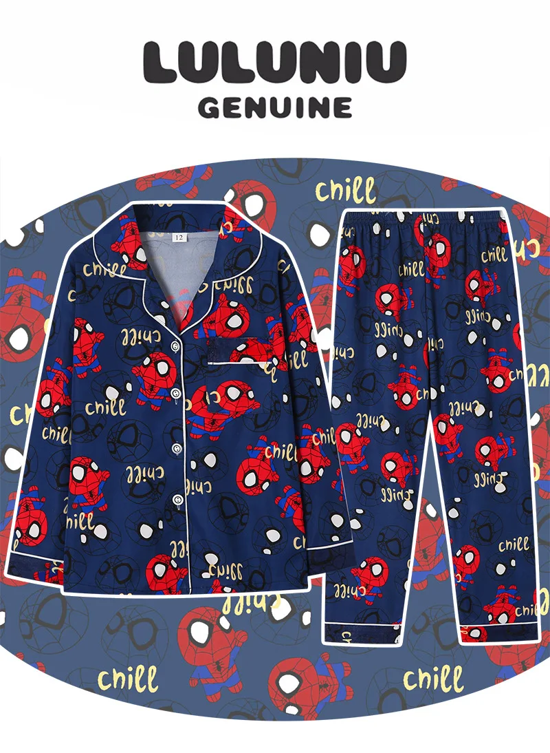 Marvels Spiderman Pajamas Spring and Summer Children's Pyjamas Boys Long-sleeved Girl Cardigan Suit Cartoon Home Clothes