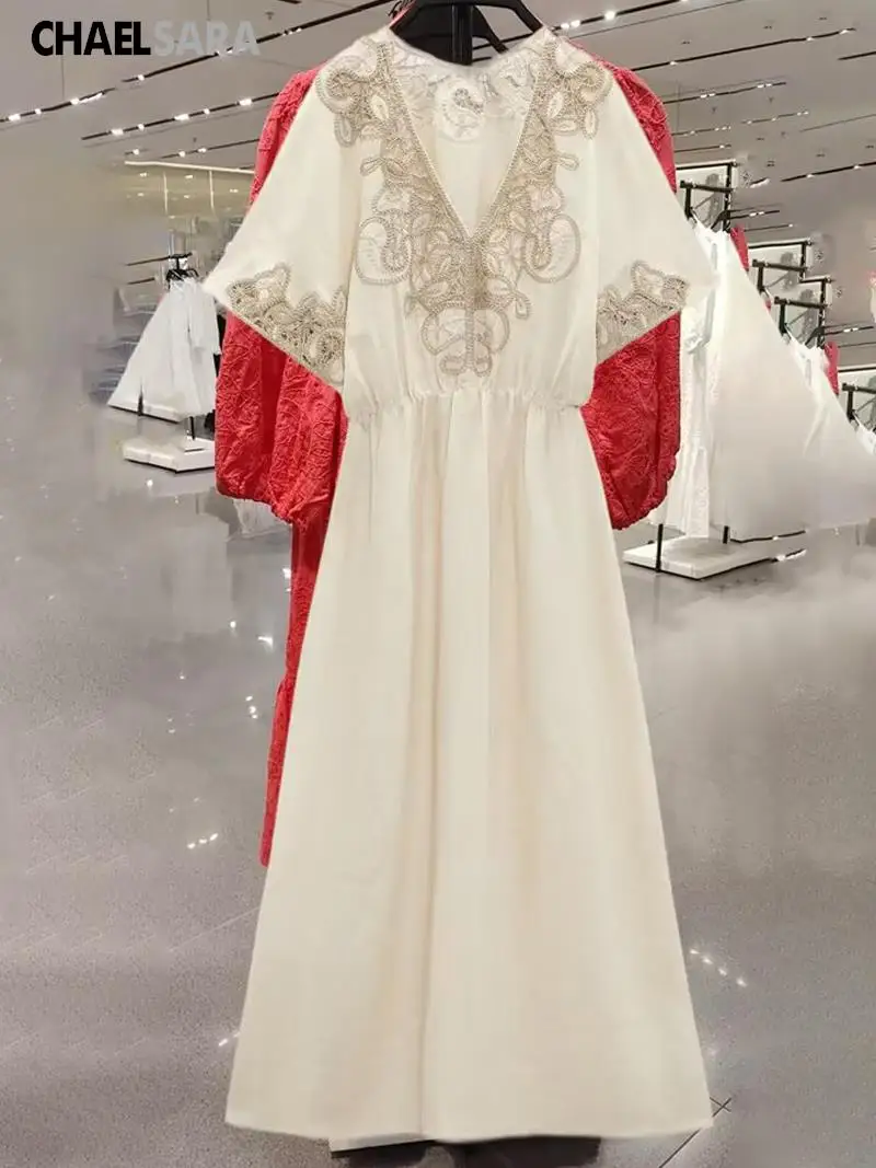 

2023 Summer Woman Chic Embroidered Lace V-Neck Midi Dress Casual Loose Elegant Holiday Beach Dresses Ladies Vestidos