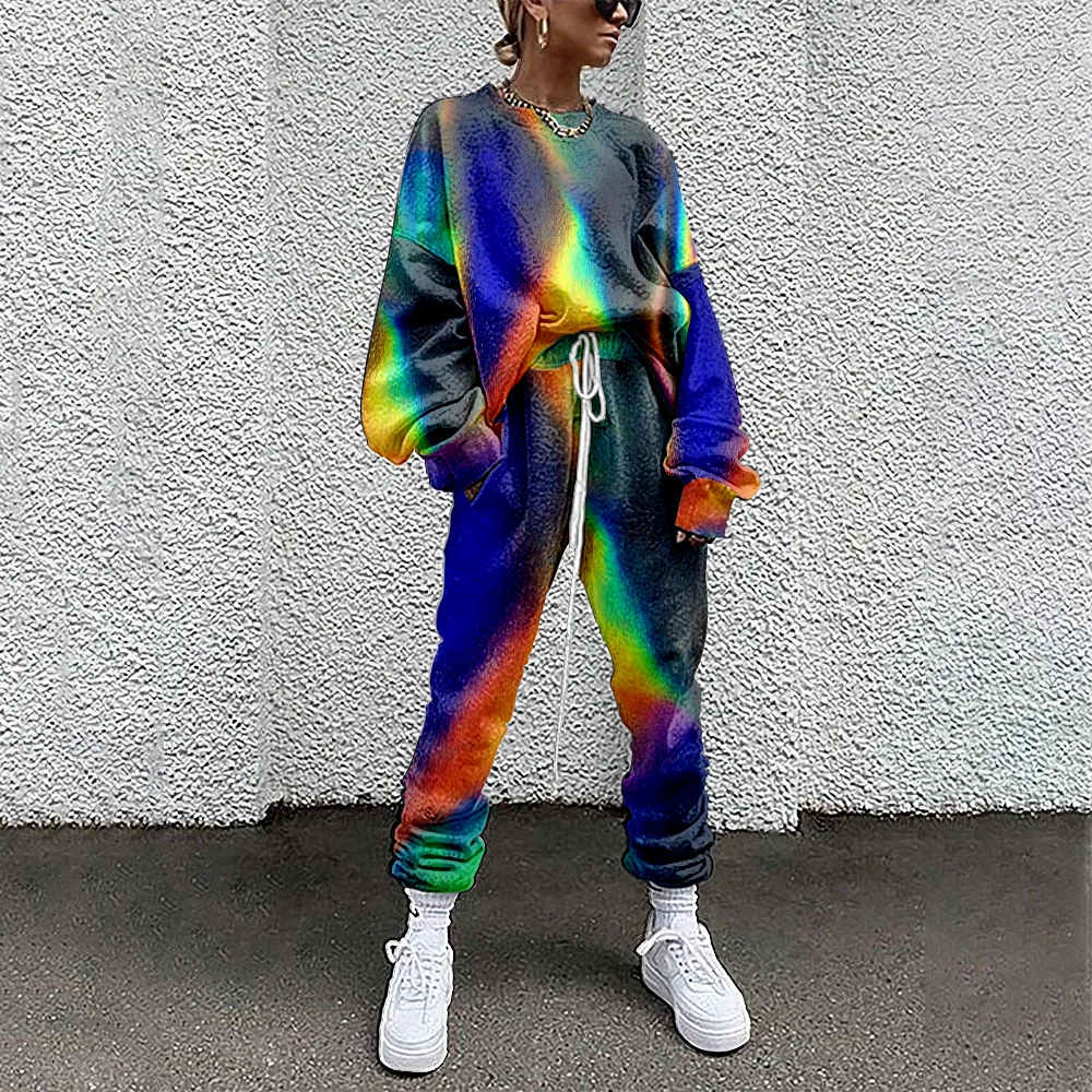 

Женский спортивный костюм SOJINM с цветным принтом, комплект из 2 предметов, Свитшот и прямые спортивные штаны, подходящий комплект, Спортивная уличная одежда для фитнеса 5XL
