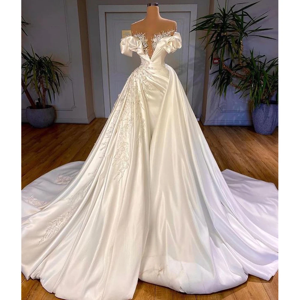 

STEVDITG Luxury Crystal Pearls Wedding Dress Elegant Deep V-Neck Ruched Sleeves Beading Mermaid Gowns Court Train Bride Dress