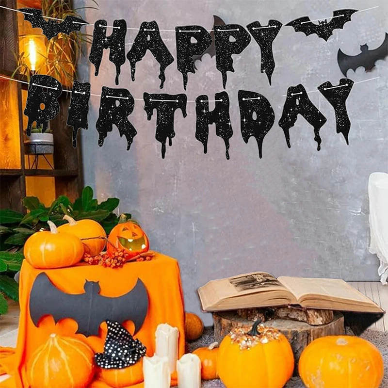 Glitter Black Happy Birthday Banner Halloween Birthday Sign Bat Banner
