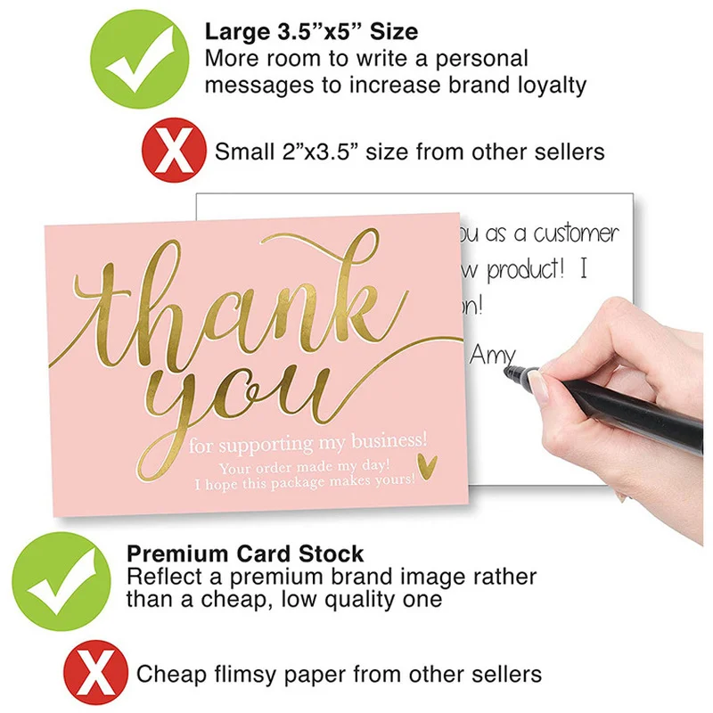 

50pcs Pink Thank You for Supporting My Small Business Card Thanks Greeting Card Appreciation Cardstock Cards Paper Gift 5*9cm