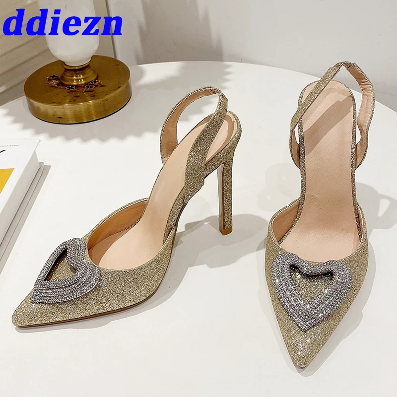 

Pumps Ladies Stiletto Heels Shoes Pointed Toe Women Super High Heels Shoes Rhinestones Fashion Slingbacks Female Shallow Sandals