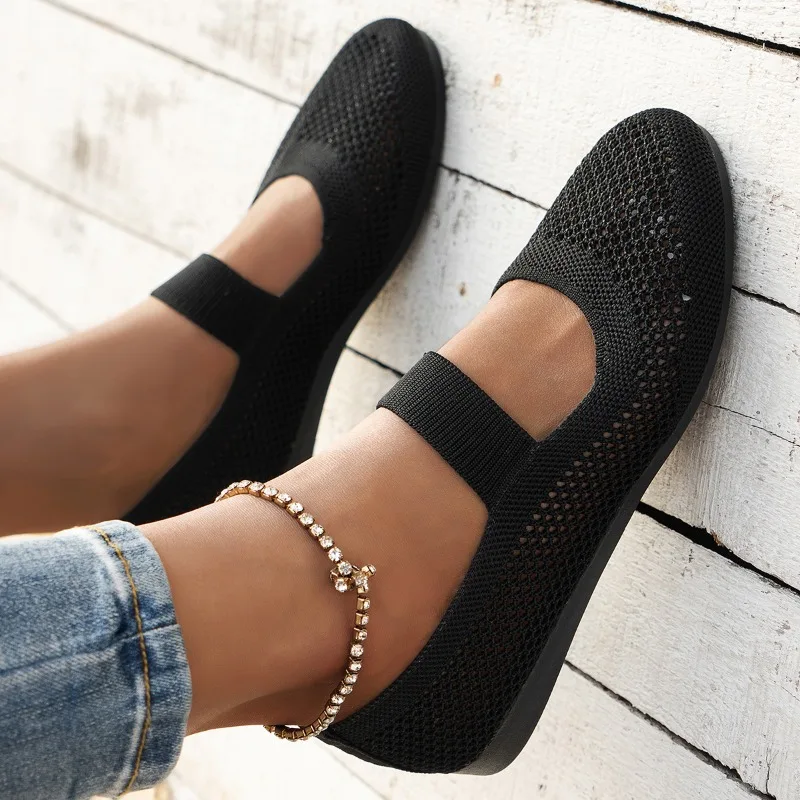 Autumn New Womens Fashion Round Toe Flat Non-Slip Womens Shoes Solid Color Mesh Shallow Mouth Slip-On Women Shoes Large Size