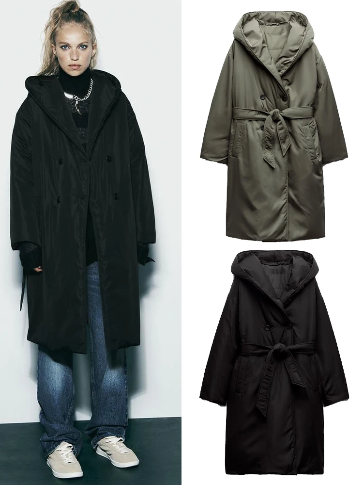 

ZA-High Quality New Long Sleeve Cotton Coat 2023 Winter Warm Lined Cotton Coat Women Thickened Collar Hooded Jacket
