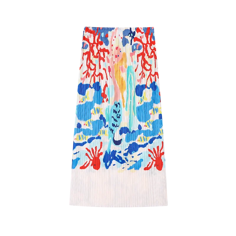 

Cartoon Graffiti Printed Organ Pleated Women's Skirts Summer New Contrast Color Tie Dye Female High Waist A-line Straight Skirt