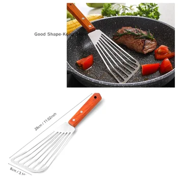 1PC Stainless Steel Cooking spatula Fish Frying Shovel With Wooden Handle Fan-shaped Shovel Household High-temperature Shovel 1