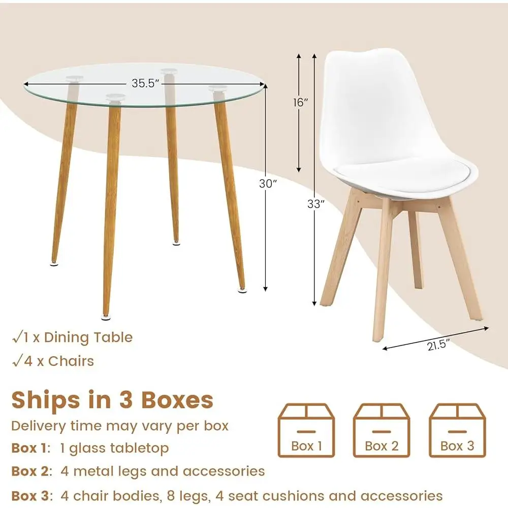 5-Piece Modern Dining Table Set Round Tempered Glass Table 4 High Back Chairs Ergonomic Design Space Saving Easy Assembly Dining 4
