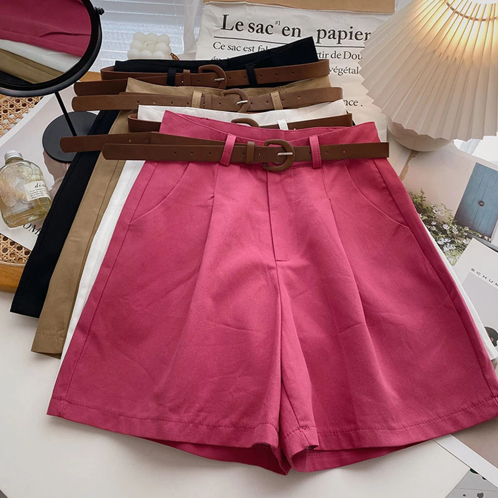 

2022 Summer New Women Elegant Solid Cotton Shorts with Belt Pockets OL Shorts Pantalones