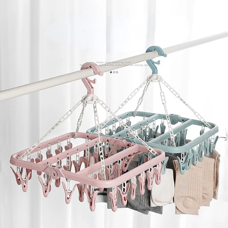 Drying Rack Clothes Drying Rack Clothes Hangers 32 Clips Folding Windproof Socks Underwear Household Children Adults Storage Laundry Rack