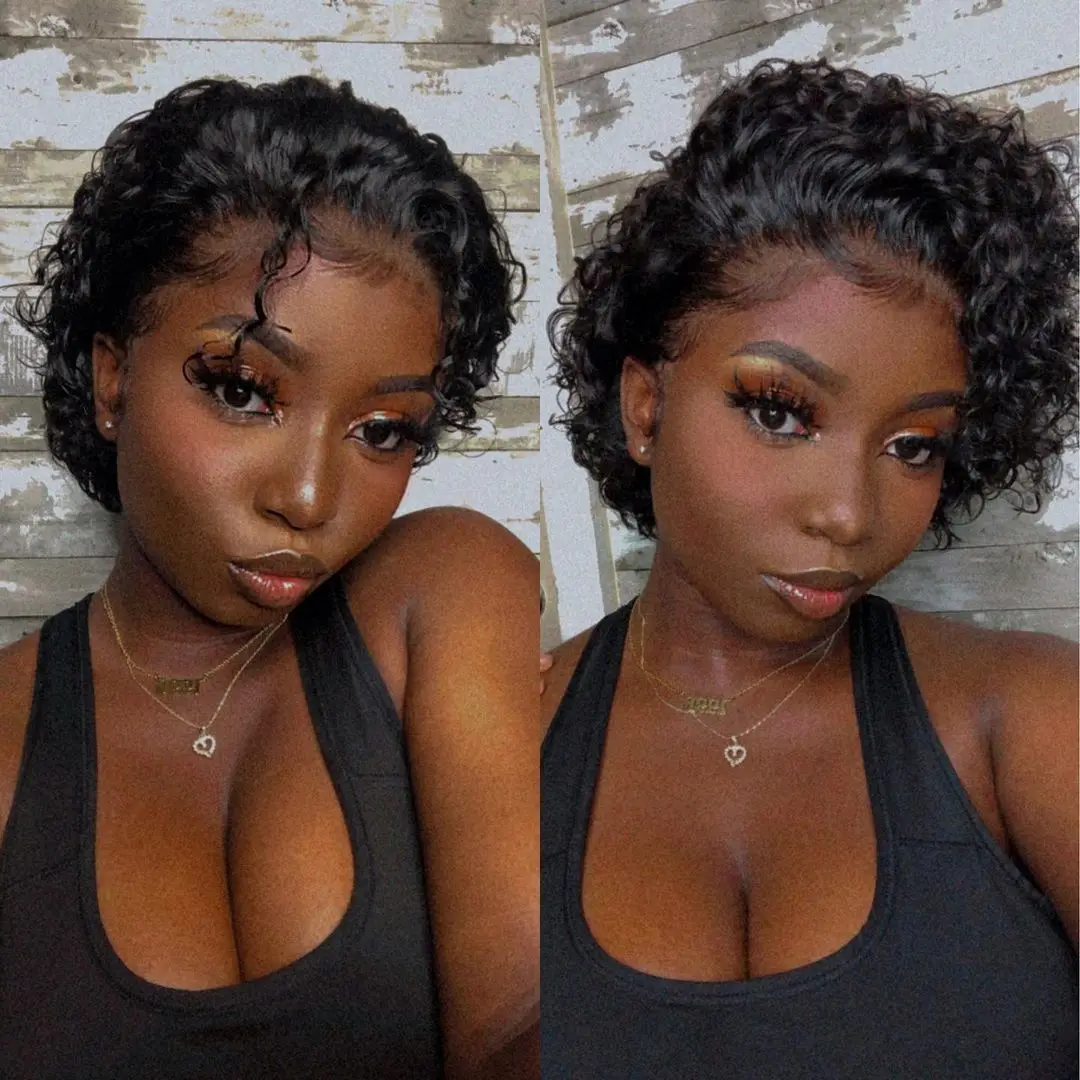 Pixie Cut Short Curly Human Hair Wigs Cheap 13x1 Transparent Lace Wigs Deep Curly For Black Women Natural Color Pre Plucked