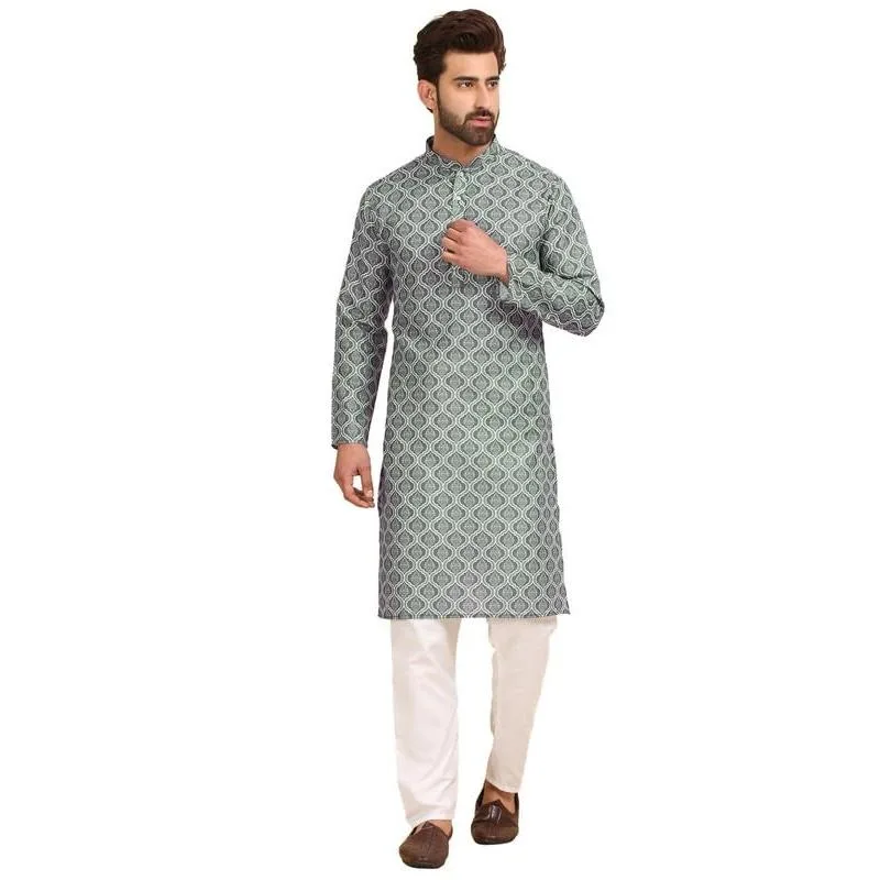 Stehkragen Muslimisches Hemd Herrenkleidung Folk Kaftan Musulman Kurta Indische islamische Kleidung Nationaler bedruckter nationaler Stil – Detail 2