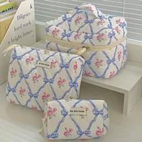 Cute Bow Flower Quilting Cotton Makeup Bag Women Zipper Cosmetic Organizer Female Cloth Handbag Portable Toiletry Case for Girls 2