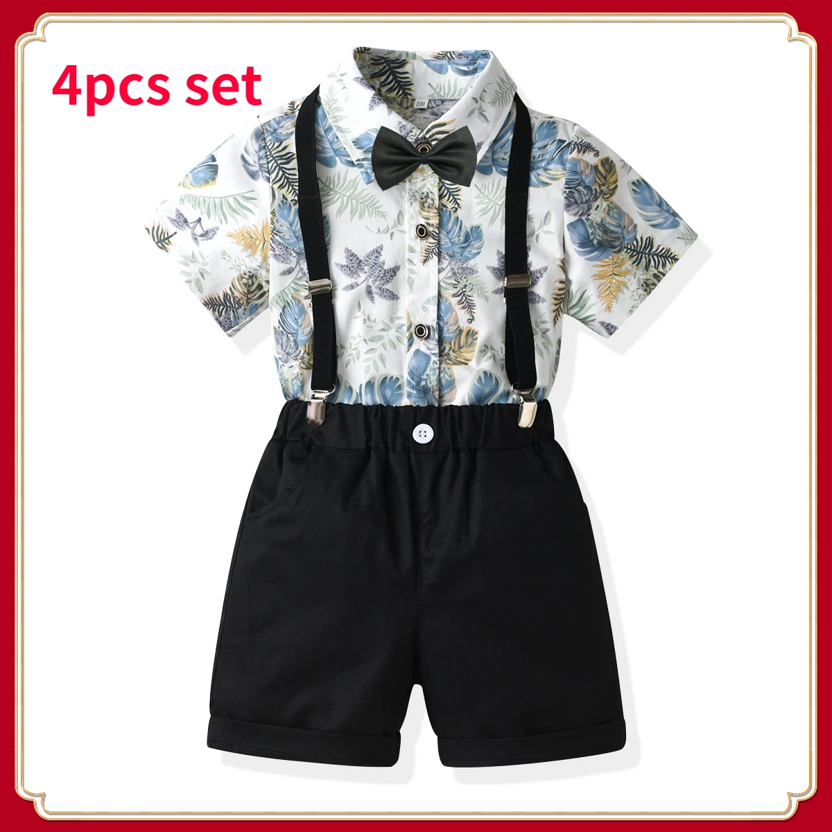 

Kids Clothes Birthday Party Wedding Formal Gentleman Suits Baby Print Bow Tie Strap Short Sleeve Shorts Set Children's Clothing