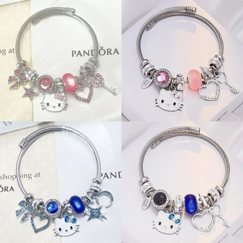 

San-rio Bangle Bracelets with Rhinestones, Adjustable Stainless Steel Cuff Bracelet with A Hollow Alloy Kitty Christmas Present