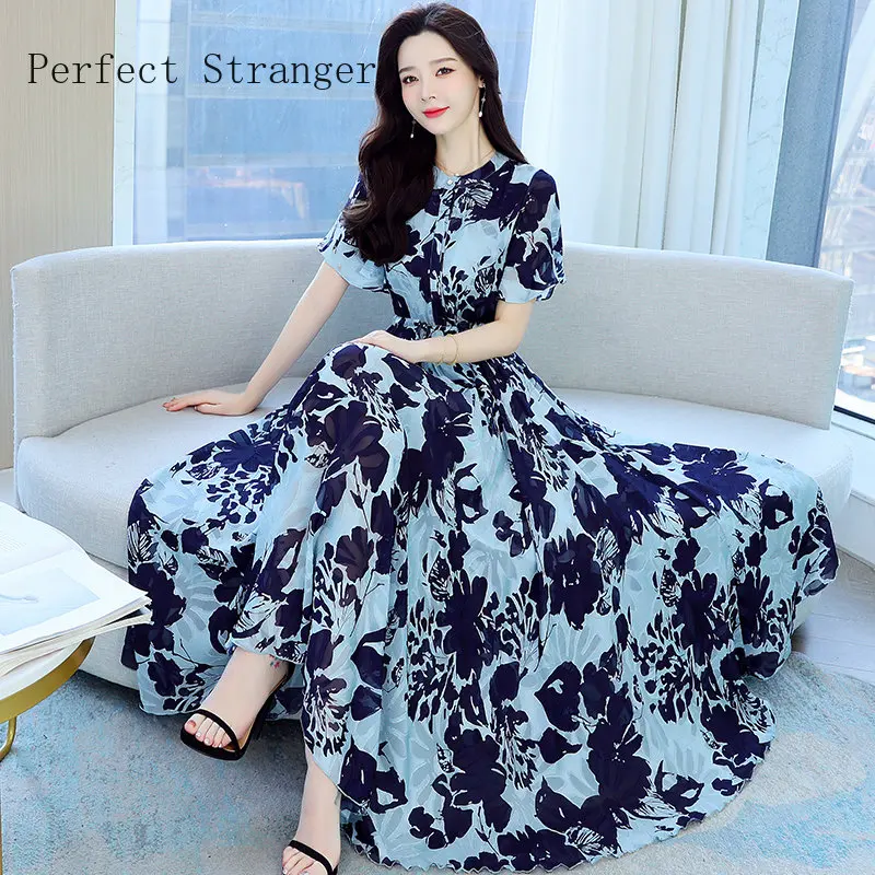

Women Dress Chiffon Floral Vestido Boho 2023 O Collar Short Sleeve Summer Sukienka Ropa Mujer Robe Longue Femme Chic Vestidos