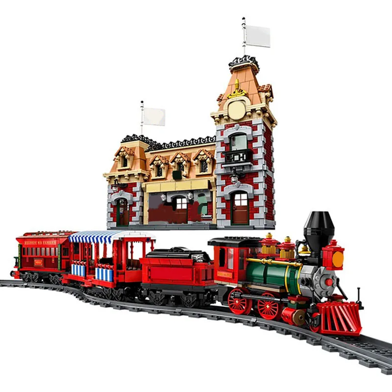 2927PCS MOC 디즈니 랜드 기차 및 역 조립 빌딩 블록 기차역 모델 교육 장난감 선물 장식품