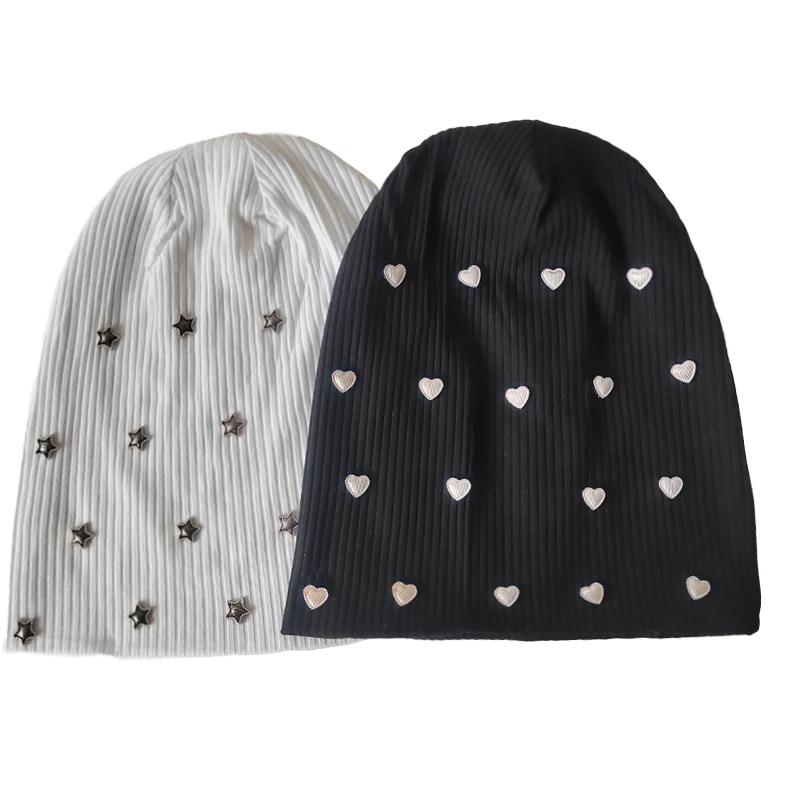 Geebro Star Ribbed Cotton knitted skullies Beanie For Women Casual Soft Design Solid Heart Bonnets hat Slouchy  Ladies Hat 3