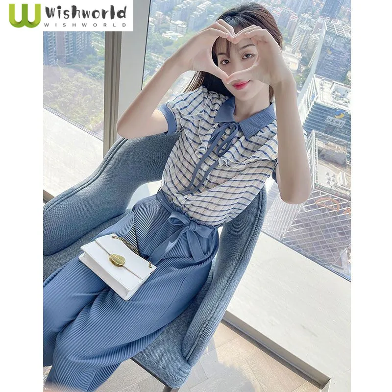 2023 Summer New Check Panel Short Sleeve Chiffon Shirt Casual Wide Leg Pants Two Piece Elegant Women's Pants Set Outfits doe de check