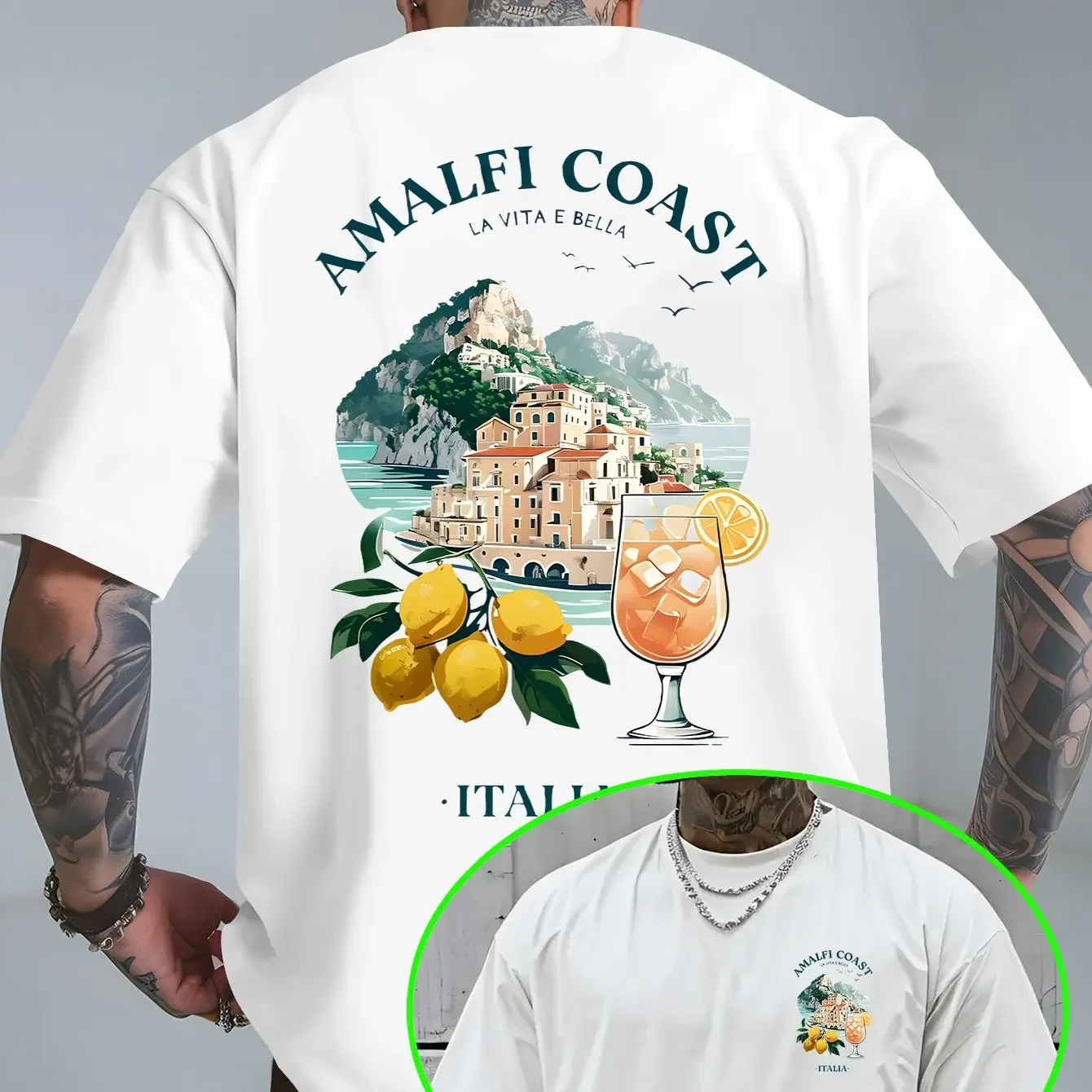 Herren-T-Shirt mit italienischem Amalfi-Küstenmuster, 100 % Baumwolle, Sommerurlaub-T-Shirt, atmungsaktives, lässiges Kurzarm-Oberteil