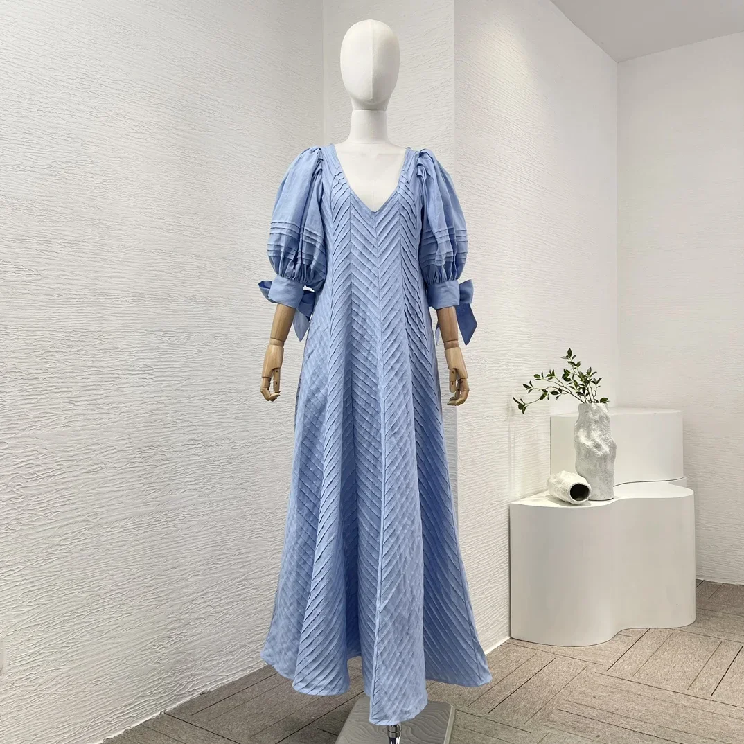 

2024 Fashion Beach Blue White Self Bow Tie at Cuff 3/4 Sleeve Sweetheart Neck Backless Loose Pleat Mini Midi Dress for Women