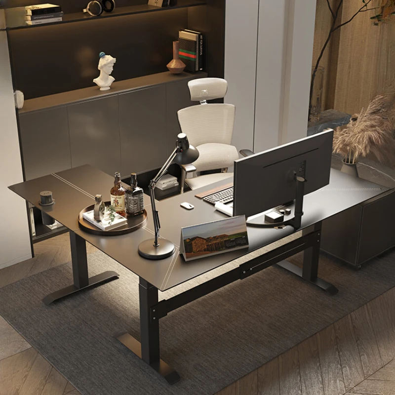 Corner electric height adjustable desk, computer desk, desktop, L-shaped home corner leather, executive