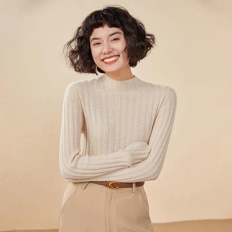 100% cashmere sweater women's semi high neck knitted women's pullover sweater slim fit solid color hot selling women's top 5