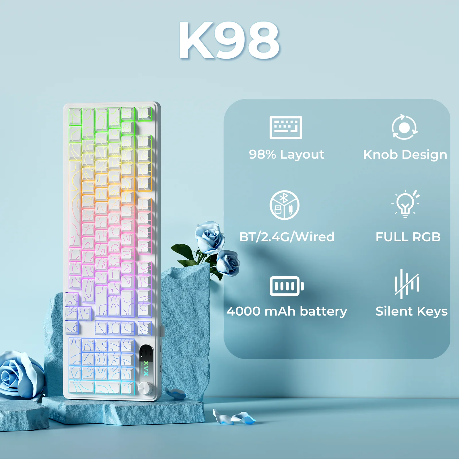 XVX K98 Silent Key Tri-Mode 100% Membrane Keyboard with Topography