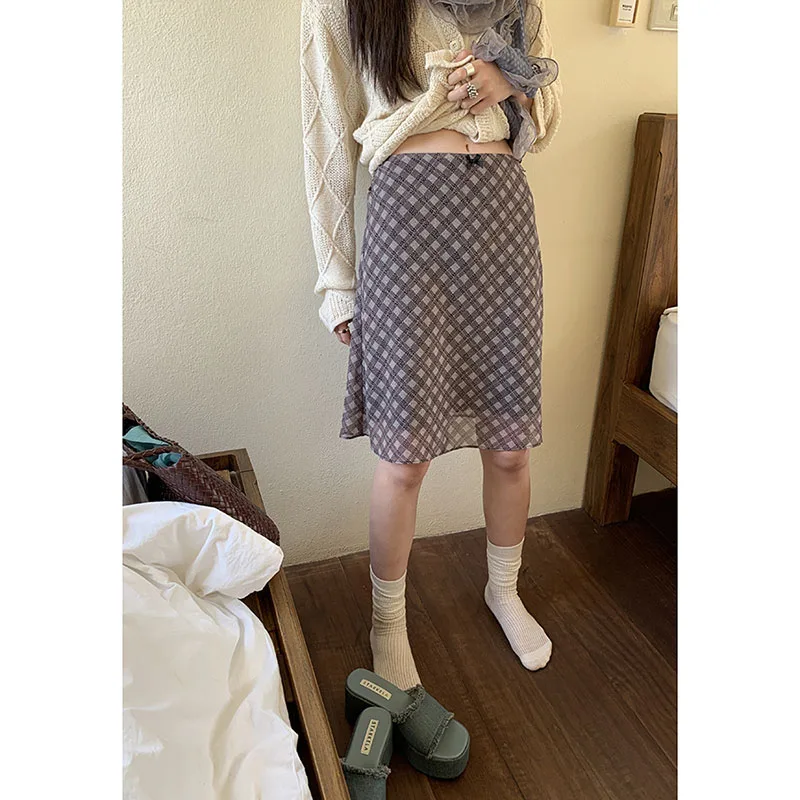 

Женская винтажная клетчатая юбка средней длины, трапециевидная юбка до колен с высокой талией в стиле 90-х, уличная одежда в Корейском стиле Y2k
