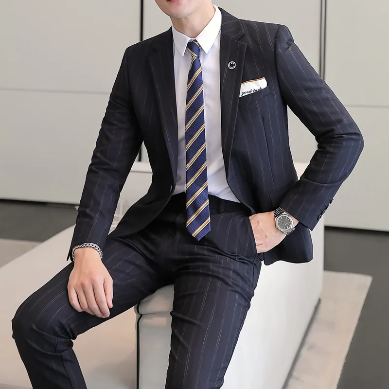 

Fine (Blazer+ Pants) Men's Fashion Business Casual Stripes Korean Version of The Trend Slim British Style Hosting 2-piece Set