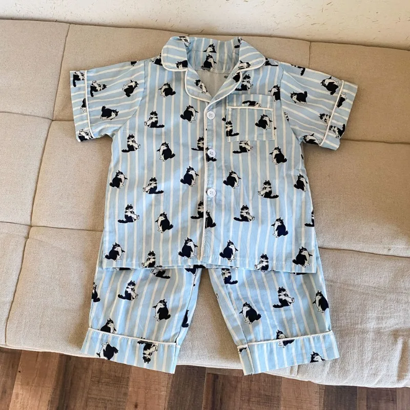Children's Pajamas Summer 1-8Y Home Clothing Set Thin Pure Cotton Boys Lapel Top Pants 2Pcs Suit Girls Cartoon Printed Sleepwear