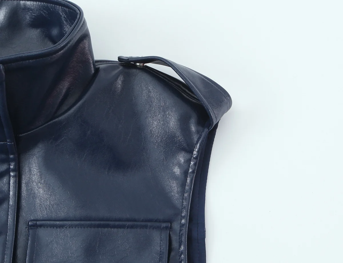 HH Damen Mode Stehkragen Ärmellose Weste mit Reißverschluss und Ledereffekt-Verzierung + Frühlings-Nieten-Gürtel Minirock Zweiteiler-Set – Detail 7