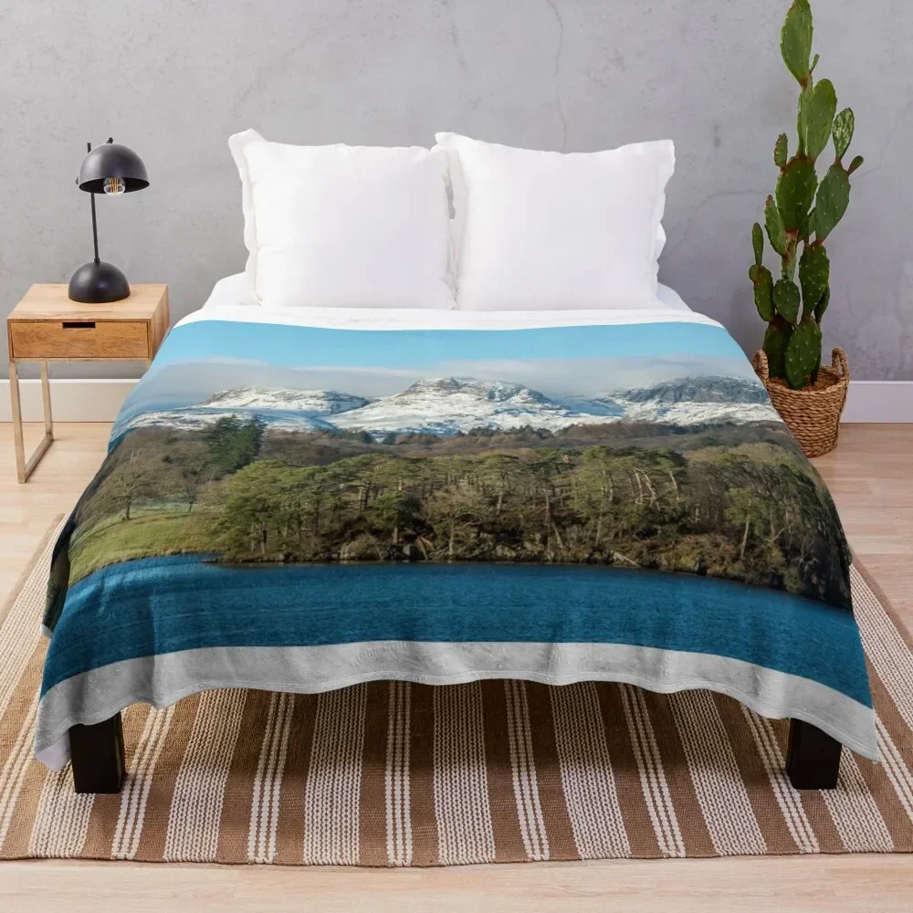 

The Langdale Pikes in Winter seen from Lake Windermere in the Lake District National Park Throw Blanket Multi-Purpose Blankets