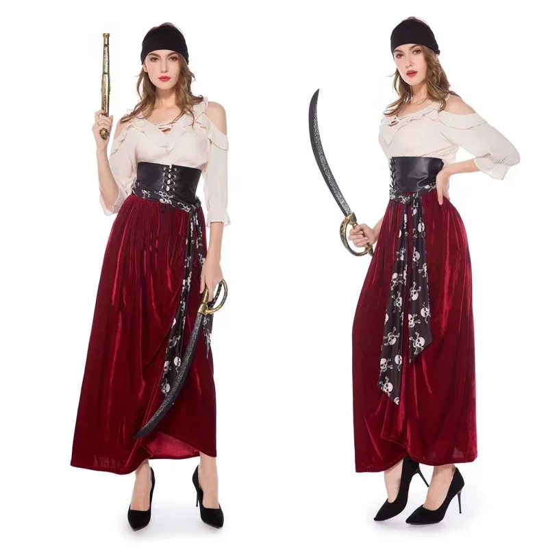 

Female Caribbean Pirates Captain Costume Halloween Cosplay Suit Medoeval Gothic Fancy Woman Dress