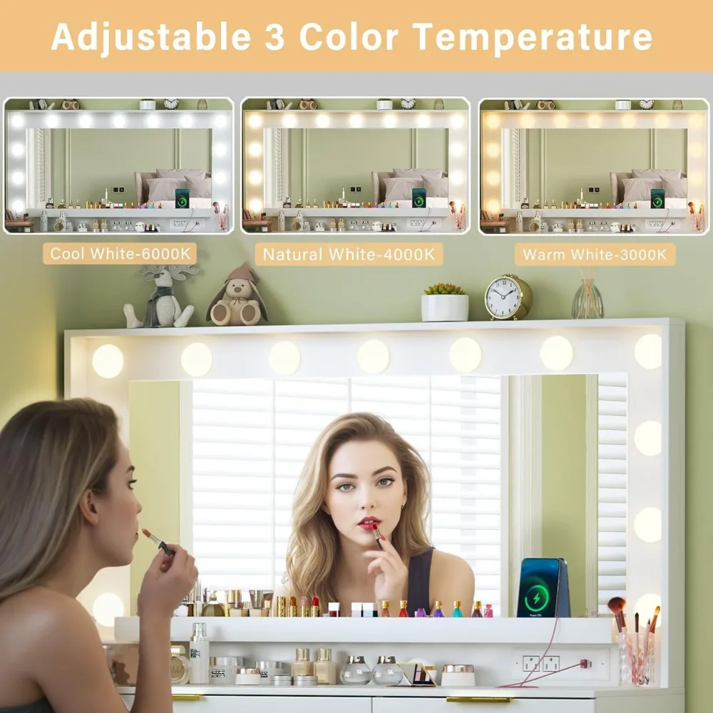 Makeup Vanity Desk with Lights & Large Mirror, 39.3in Vanity Desk with Mirror and Lights, 3 Lighting Color Adjustable, 5 Drawers 2