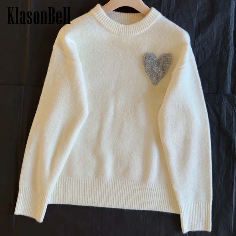 

12.10 KlassonBell Silver Bright Silk Love Letter Jacquard Alpaca Wool Blend Knitted O-Neck Comfortable Casual Sweater Women