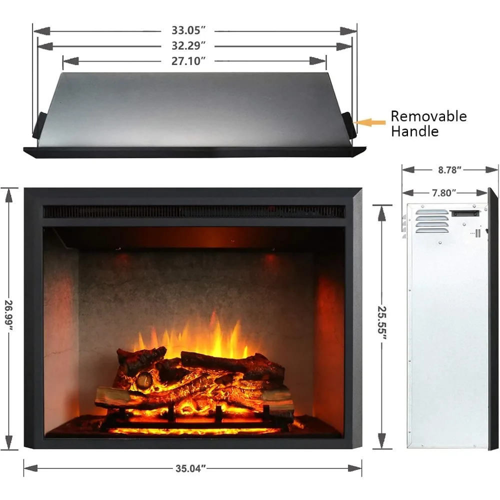 33 Inches, Edward Electric Fireplace Insert with Fire Crackling Sound, Weathered Concrete Interior, Remote Control, 750/1500W 6