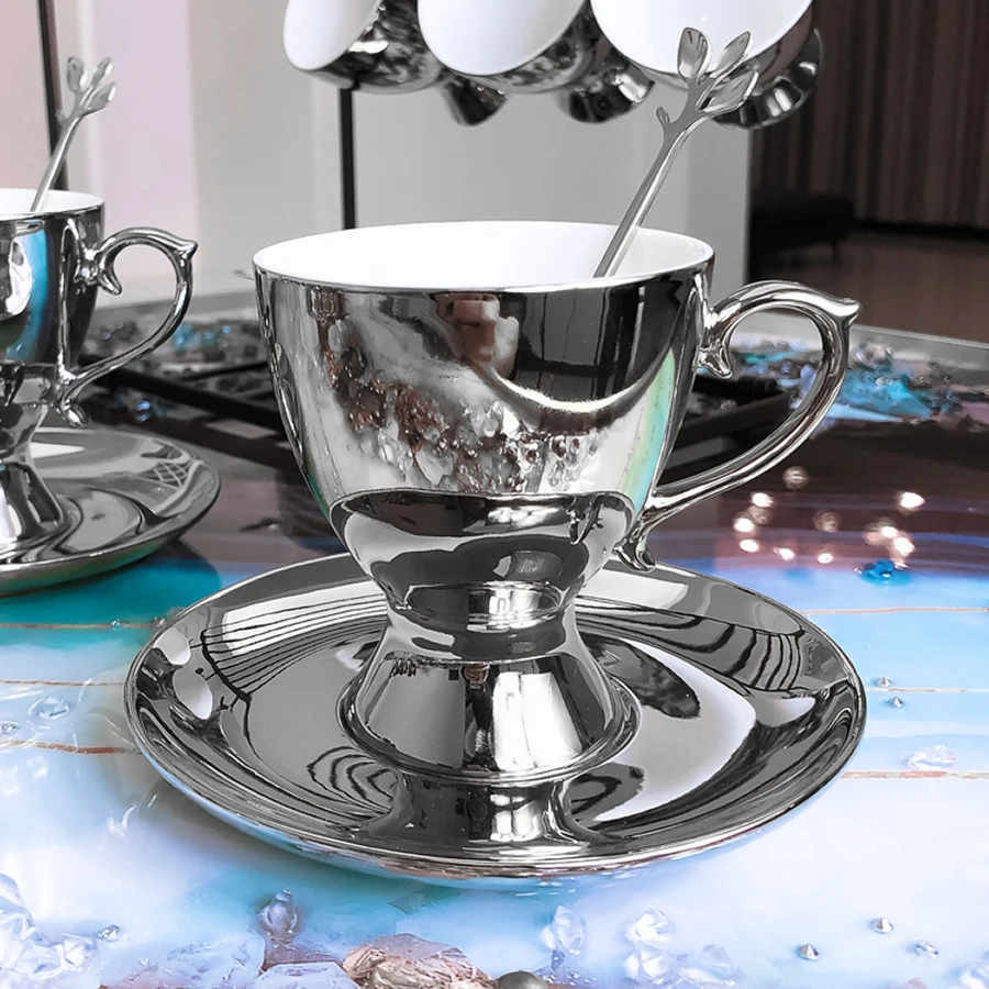 

Ceramics Coffee Cup Afternoon Tea Golden Silver Teacup Vintage Coffee Cup Dish Spoon Classic Drinkware Nordic Porcelain Mug