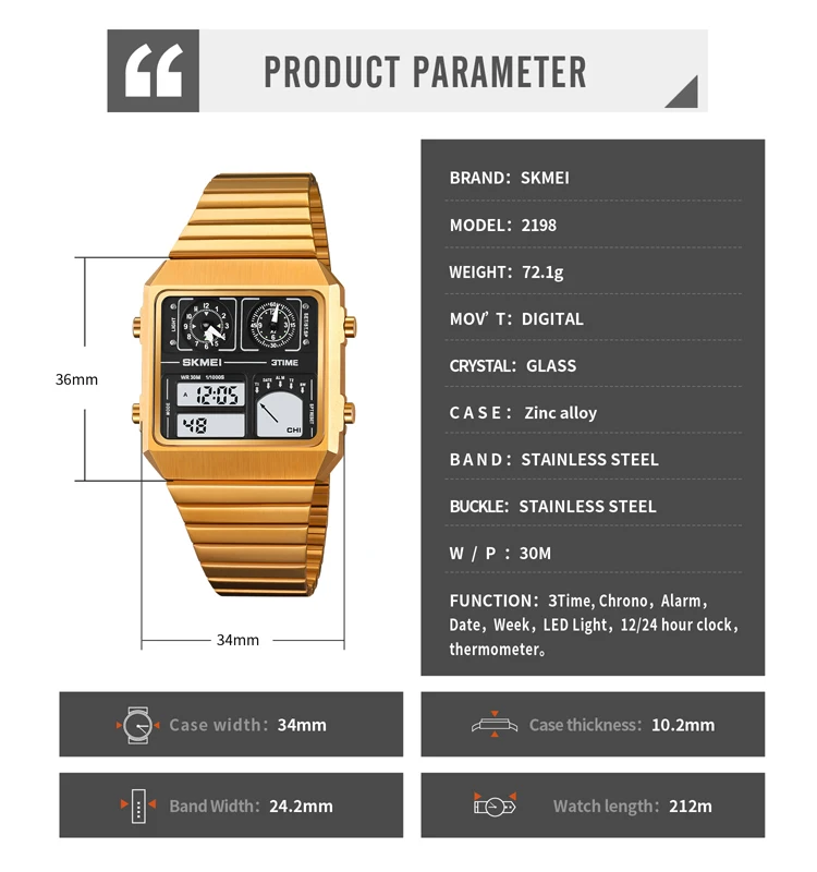 SKMEI Digital Watch Waterproof Digital StainlessSteel Thermometer Sports Watch Men's Leisure Business Electronic Watch Clock LED 6