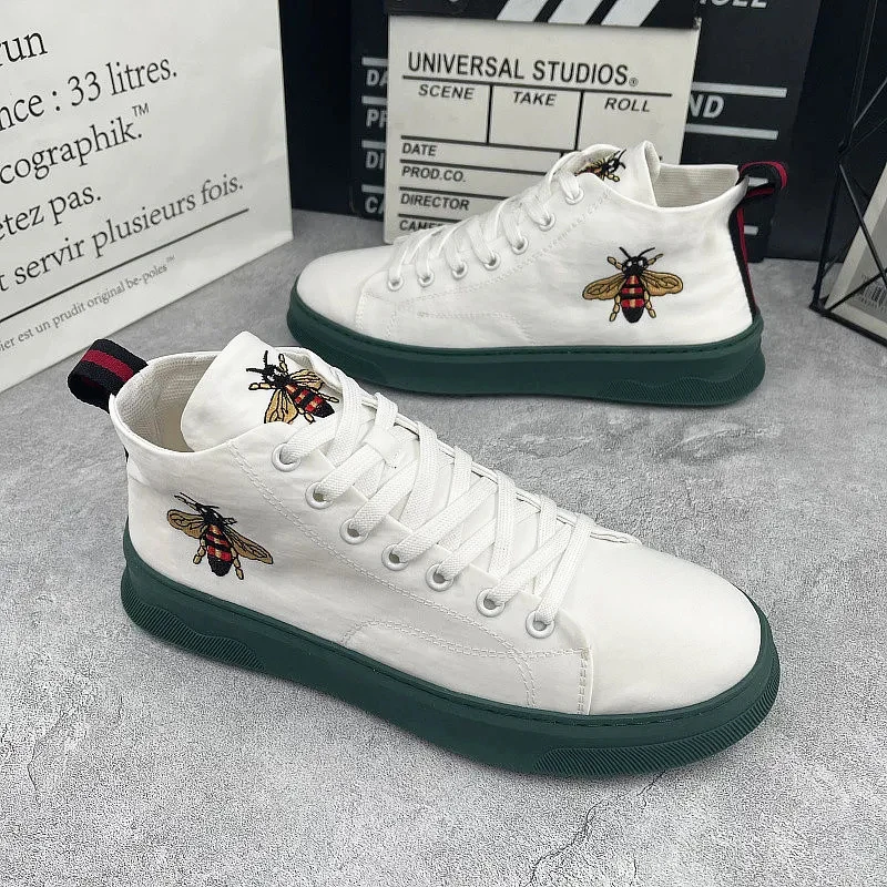 

Summer Men Casual Sneakers Nylon Embroidered Bee High-top Shoes Lace-up Ankle Boots Male Skateboard Shoes Basketball Sneakers 38