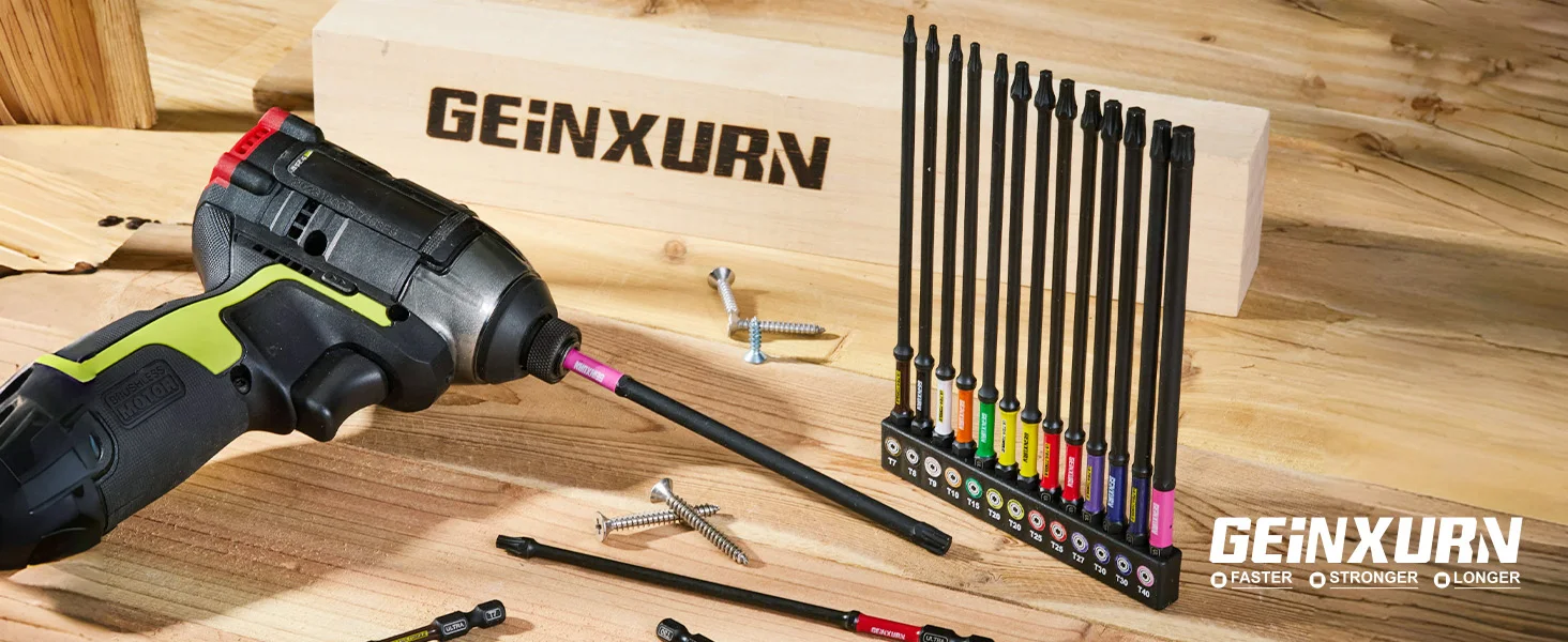 Geinxurn 13-teiliges 6-Zoll-Magnet-Torx-Schraubendreher-Bit-Set (T7-T40), D2-Stahl, langes Sternschraubendreher-Bit-Set mit farbcodierter Basis – Detail 1