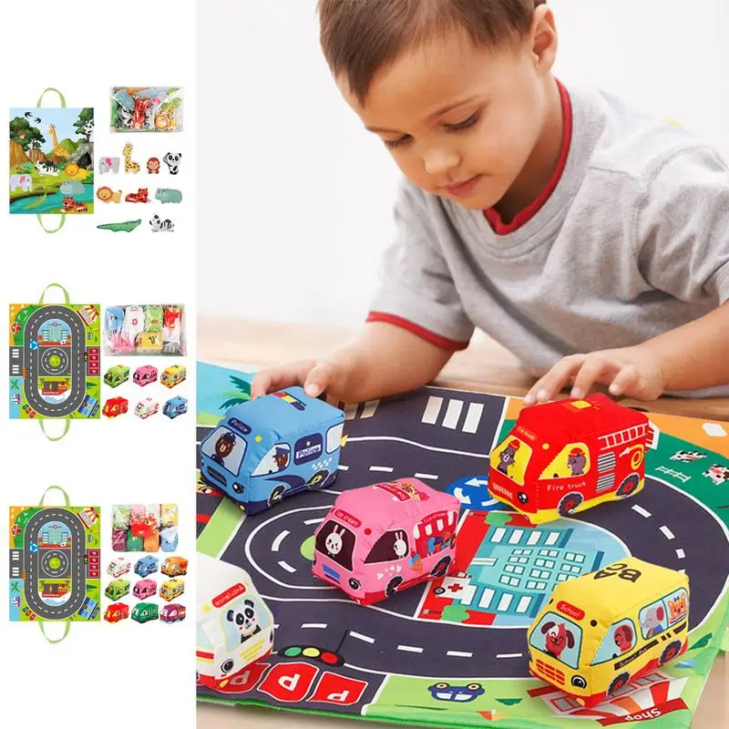 

2 in 1 Kids Carpet Playmat City Pretend Play Educational Toys with Rattling Village Mat Town Roads Rug Vehicle Set birthday gift